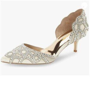 XYD Women's Pumps,Elegant Pointed Toe,Kitten Low Heels, Rhinestone Studs Beige